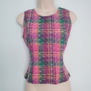 I am Eyelet Plaid Button Back Top